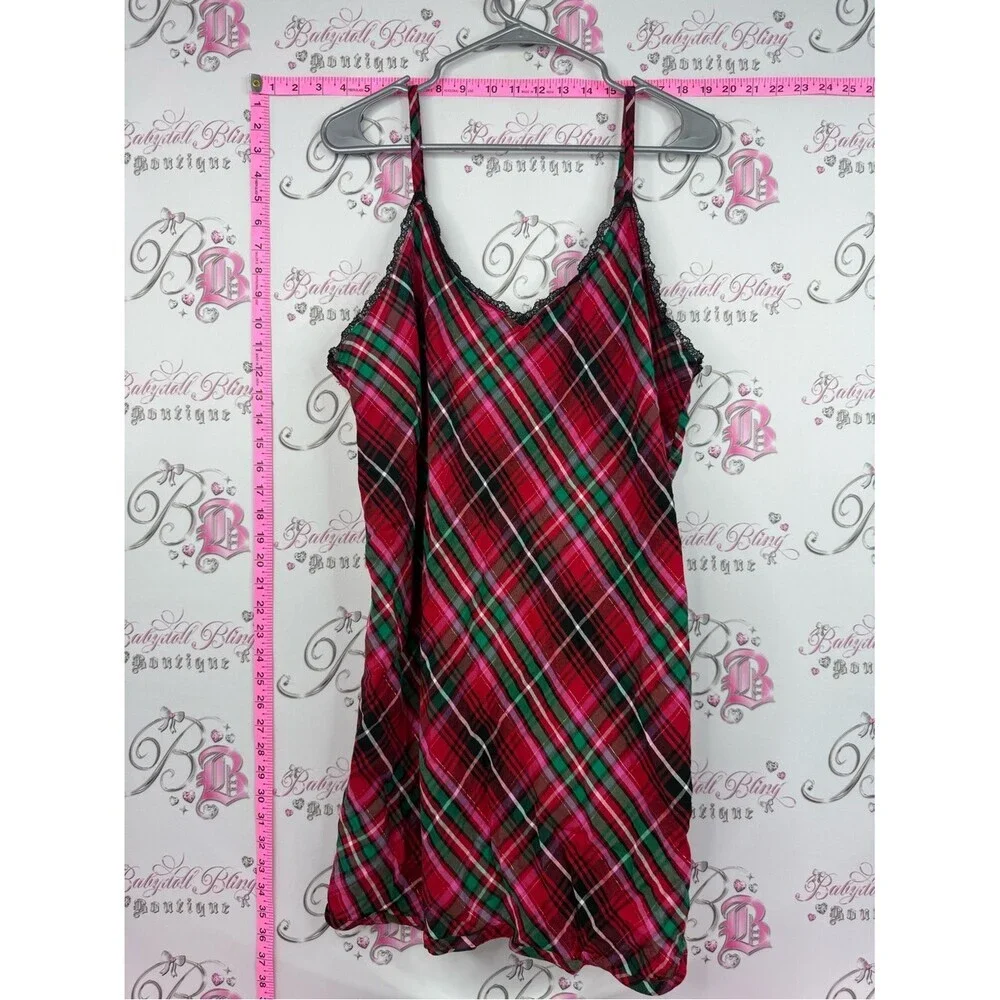 Victoria's Secret dress Red Plaid Satin Chemise with Green & Black Accents